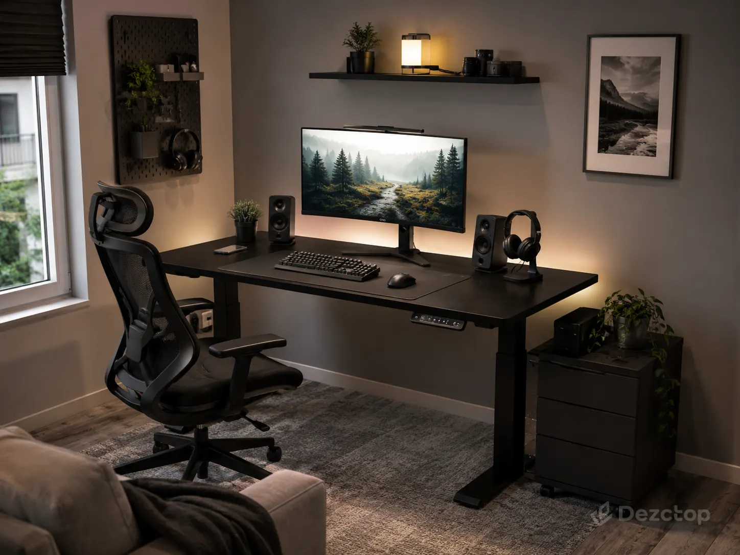Minimalist modern gaming room with a black standing desk, ultrawide monitor, ergonomic chair, and neatly organized accessories.