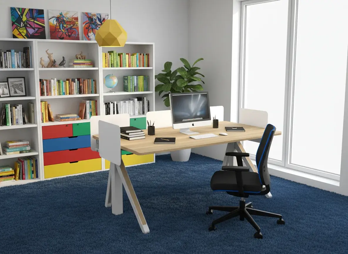 現代風居家書房中的Revon電動升降桌，搭配電腦與黑藍辦公椅，背景有彩色收納櫃與書架，營造明亮又充滿活力的工作空間。