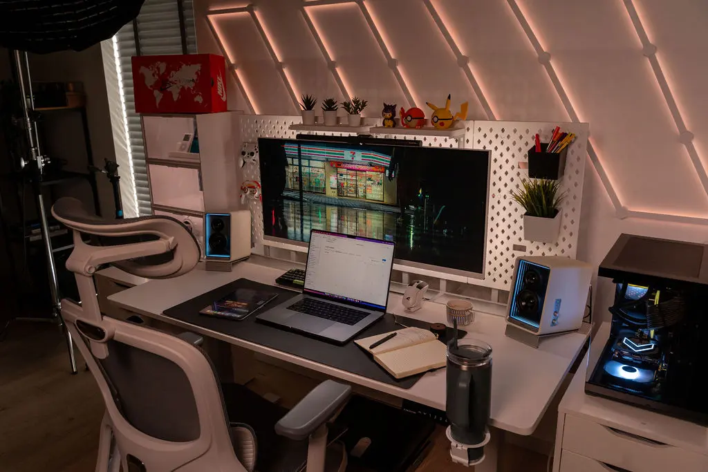 White gaming workstation with pegboard