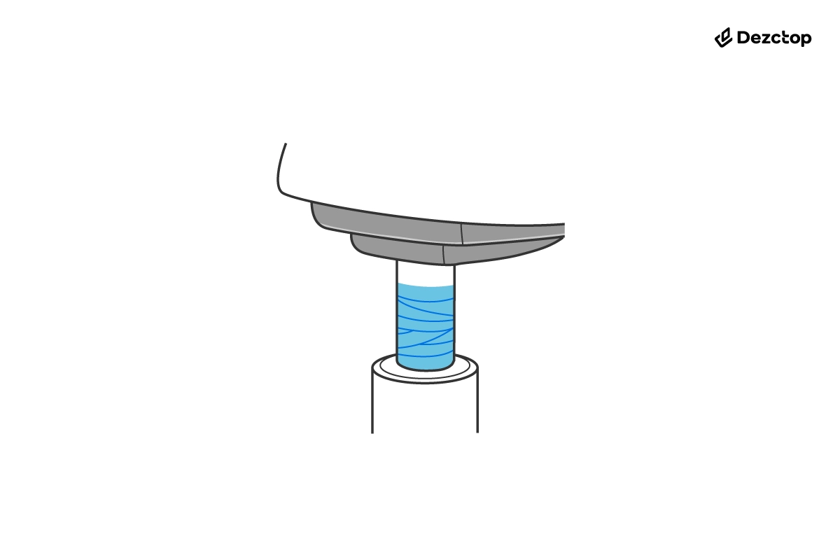 Office chair seat and gas lift connection wrapped with plastic tape around the exposed cylinder to create a temporary anti-sinking fix.