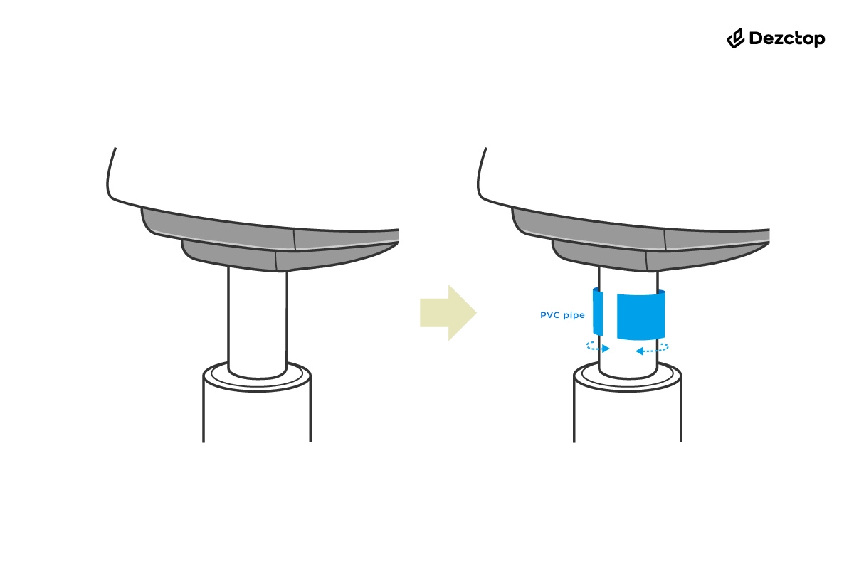 Side-by-side illustration of an office chair gas lift before and after adding a PVC pipe spacer, showing the pipe split and fitted around the cylinder to help prevent the chair from sinking.