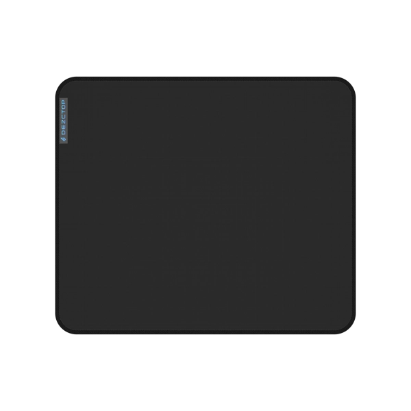 Black water-resistant mouse pad with rounded corners and Dezctop logo on the top left corner.