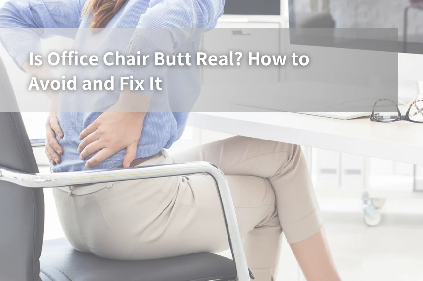 Woman sitting in an office chair, holding her lower back in discomfort, illustrating the concept of “Office Chair Butt” and the need for ergonomic solutions.
