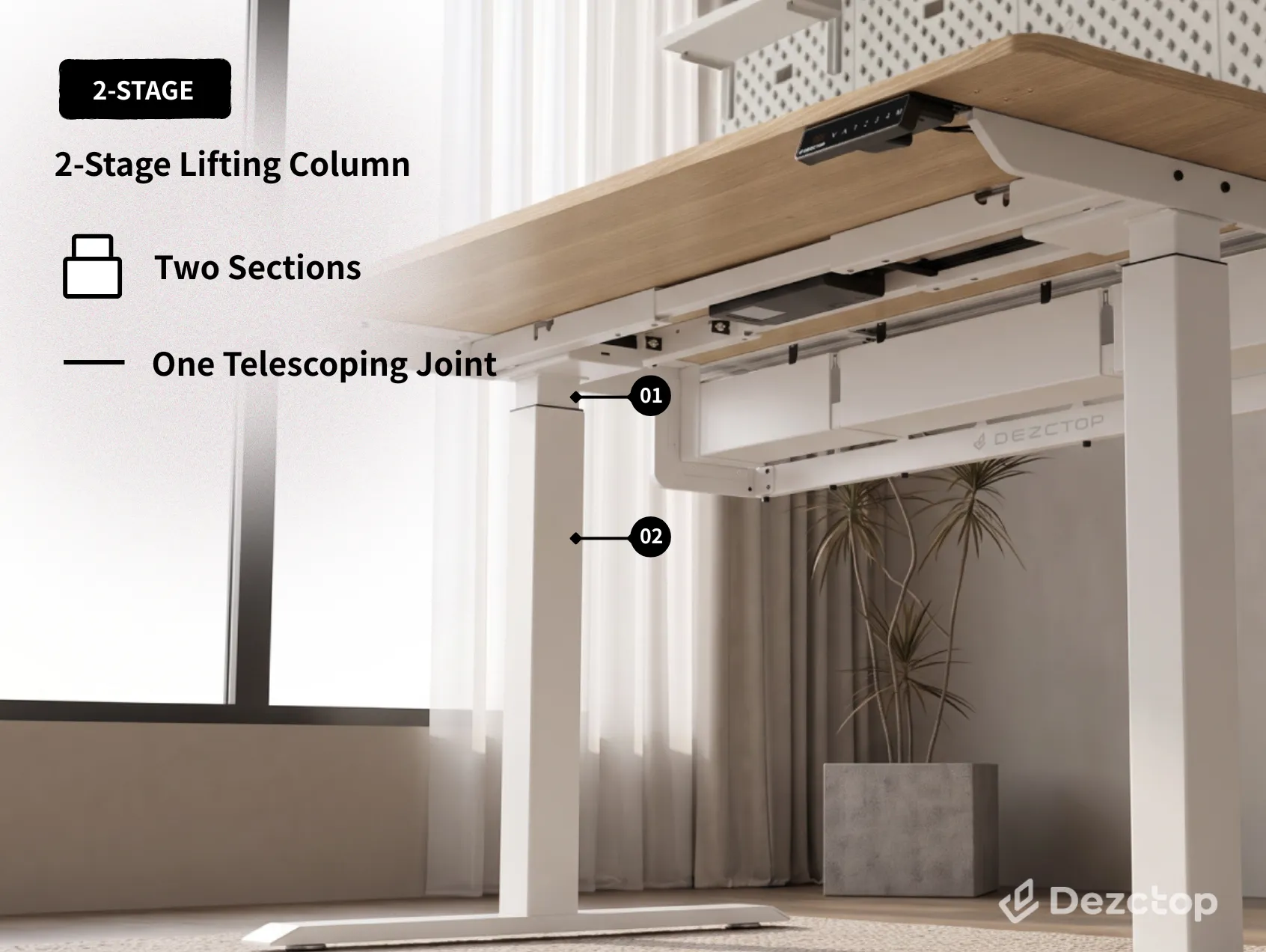 2-stage standing desk lifting column with two sections and one telescoping joint