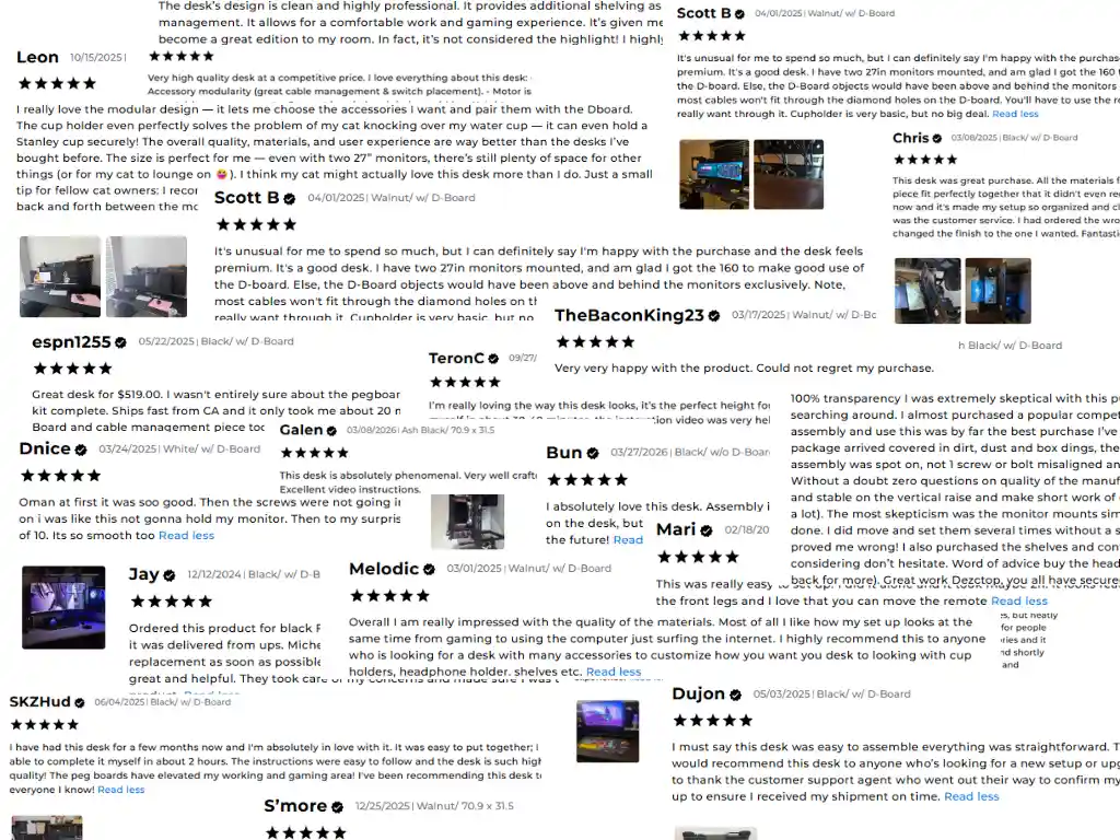 Customer review collage showing multiple five-star reviews, user names, dates, and real setup photos of Dezctop desks with D-Board accessories.