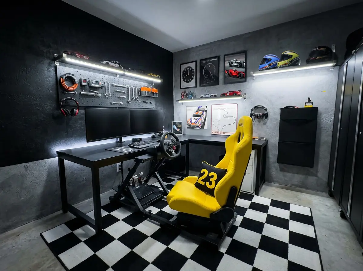 Racing-themed gaming room with a sim racing cockpit, steering wheel and pedals, dual monitors, a yellow racing seat, and a pegboard tool wall.