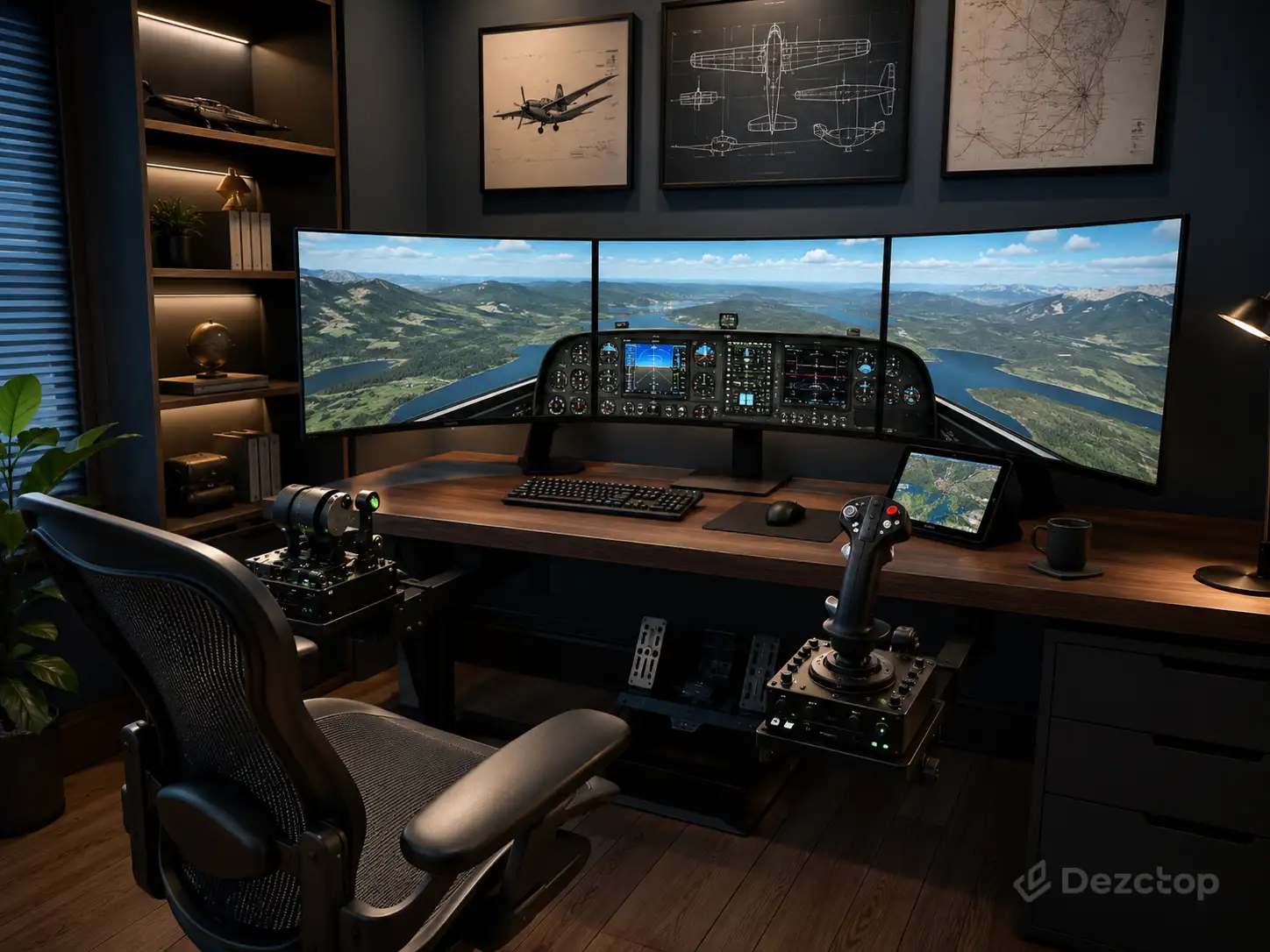 Flight simulation gaming setup with three curved monitors, a joystick, throttle controls, pedals, and a wide desk.