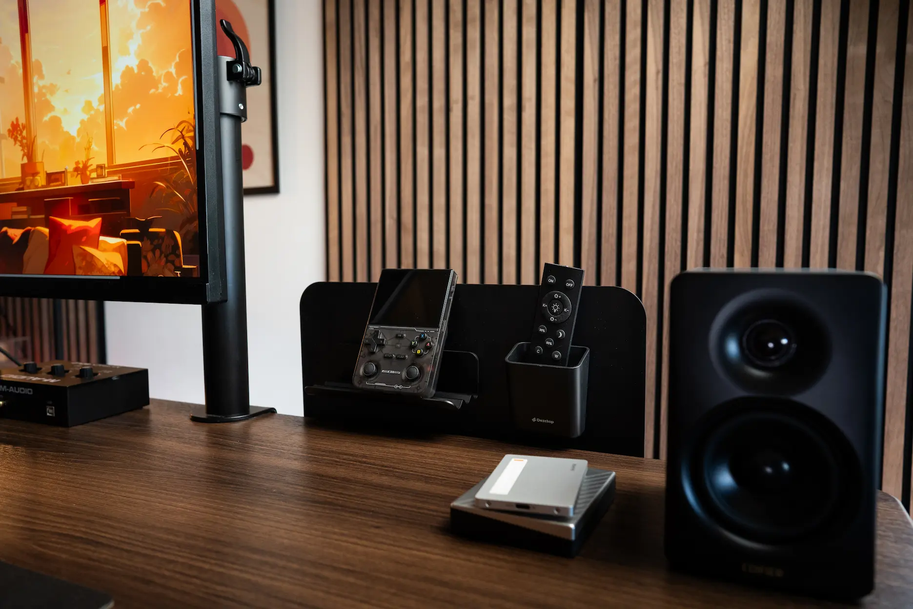 Desktop accessories arranged neatly with the DivMag Desk Divider after cable management Desktop accessories arranged neatly with the DivMag Desk Divider after cable management