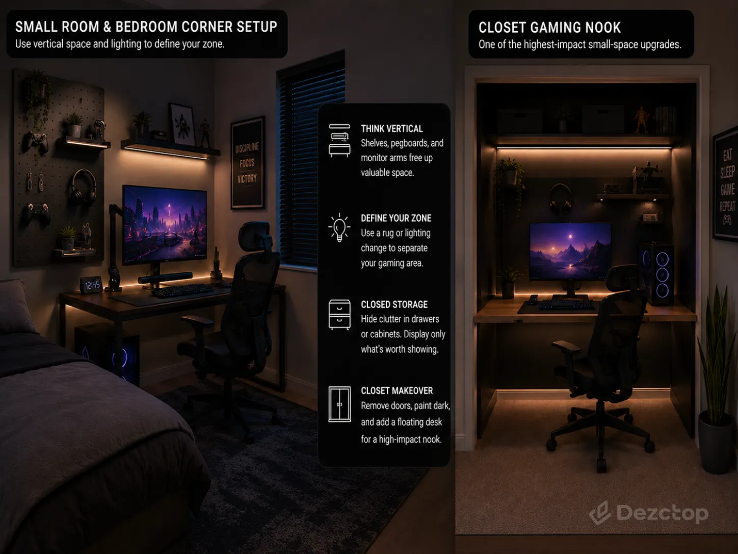 Small-space gaming room guide showing a bedroom corner setup, vertical storage ideas, and a converted closet gaming nook.