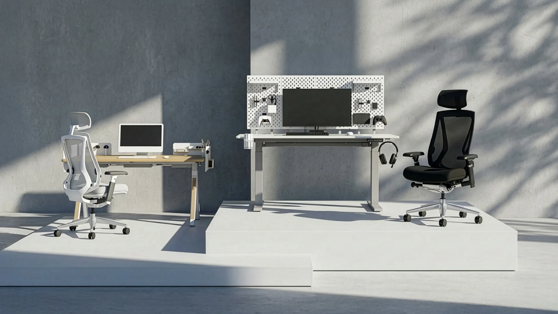 Bifrost and Revon modern standing desk setups in a minimalist studio, featuring a wood-top desk with a white ergonomic chair and a white desk with a pegboard monitor setup and black ergonomic chair