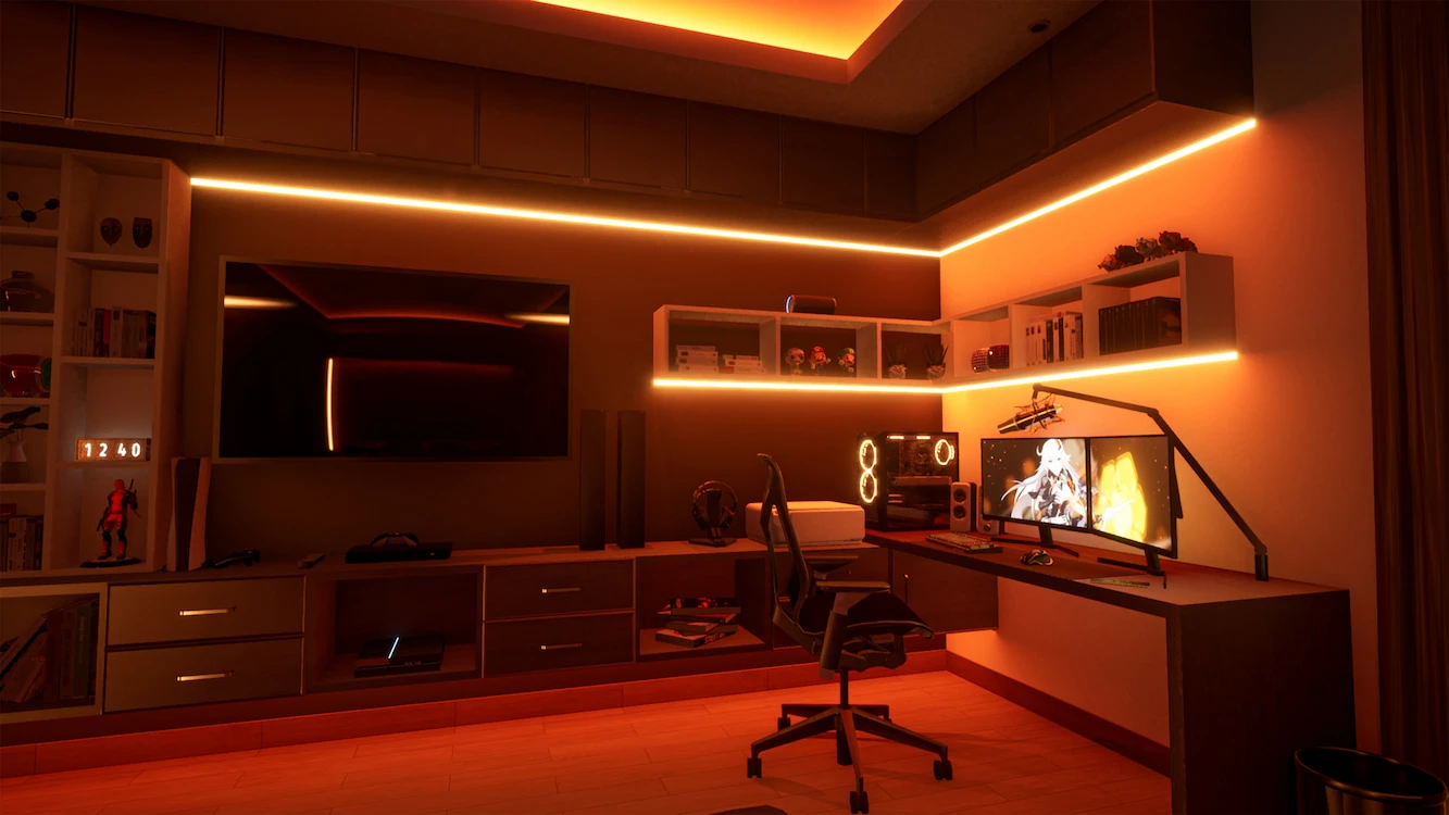 Futuristic gaming room with orange LED lighting, a dual-screen desk setup, wall-mounted TV, and built-in storage.