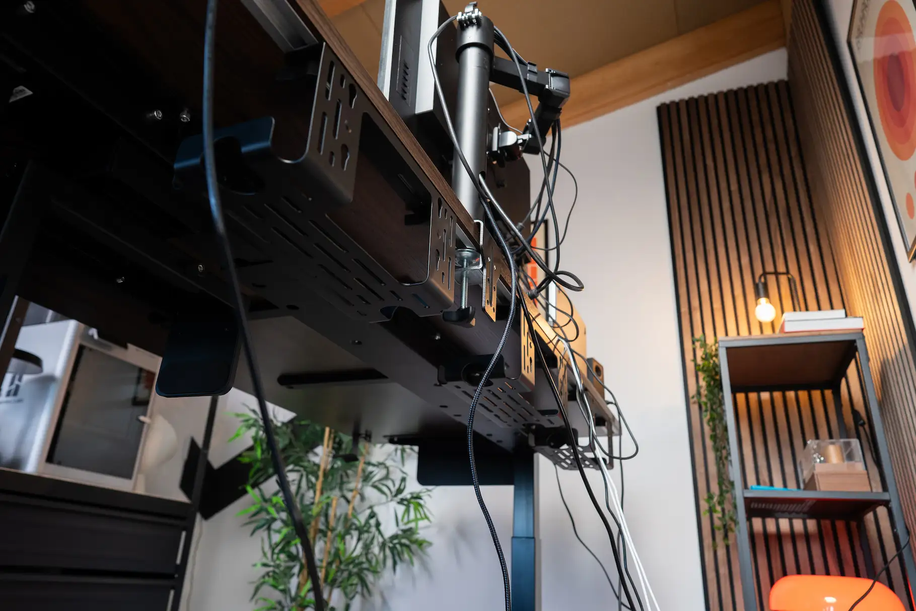 Multiple DivMag Cable Management Trays installed under the desk for longer cable runs Multiple DivMag Cable Management Trays installed under the desk for longer cable runs