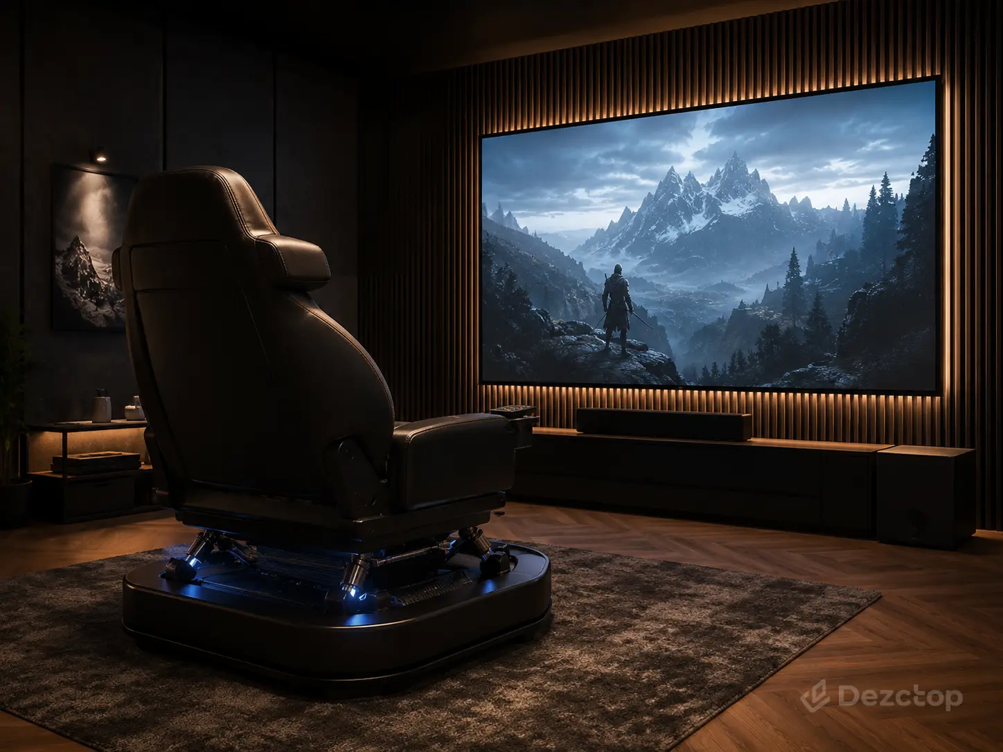 Moody home theater gaming room with a large projector screen, surround sound system, and high-back reclining chair.