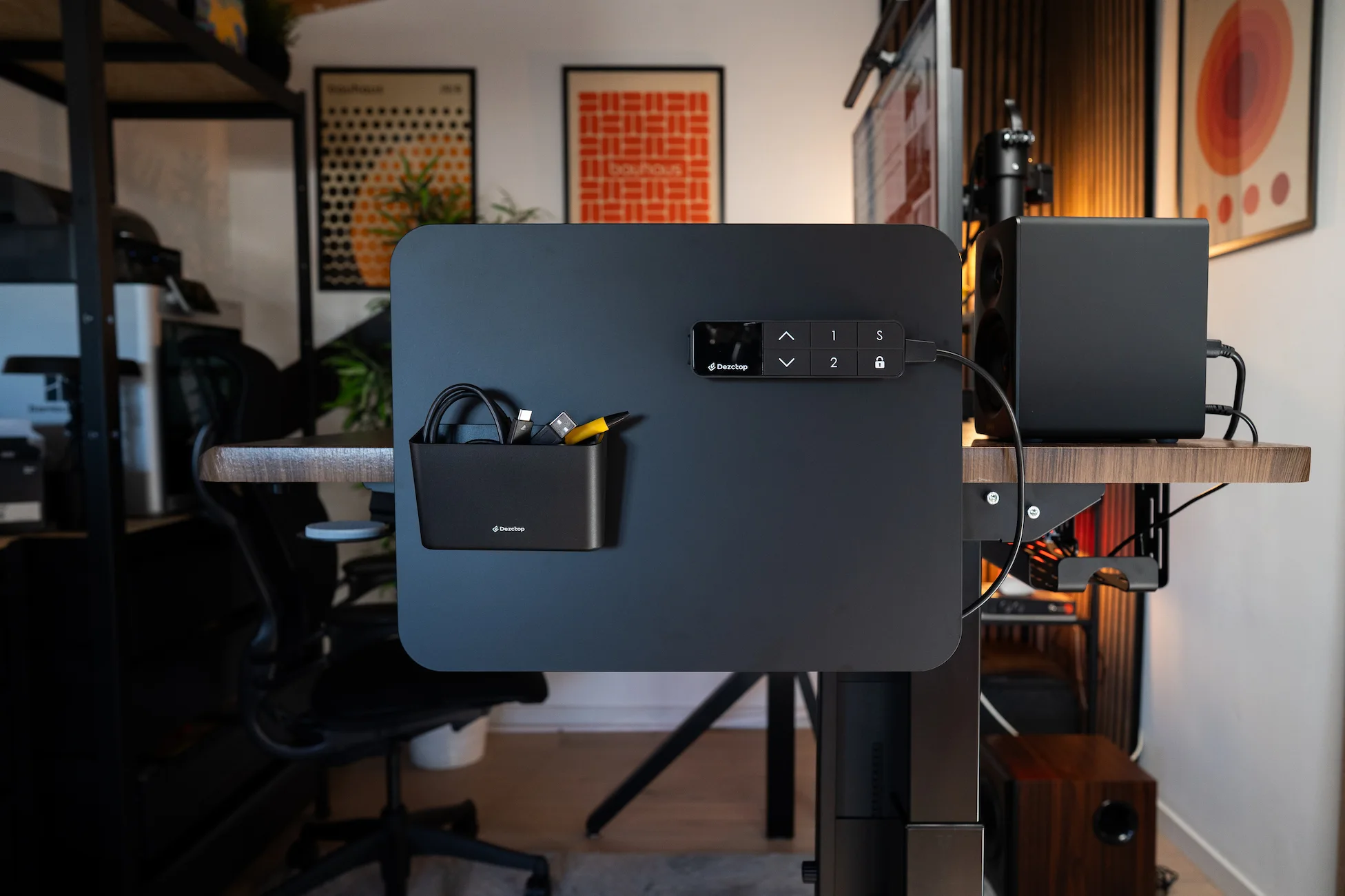 Finished Revon standing desk setup with DivMag Desk Divider and accessories Finished Revon standing desk setup with DivMag Desk Divider and accessories