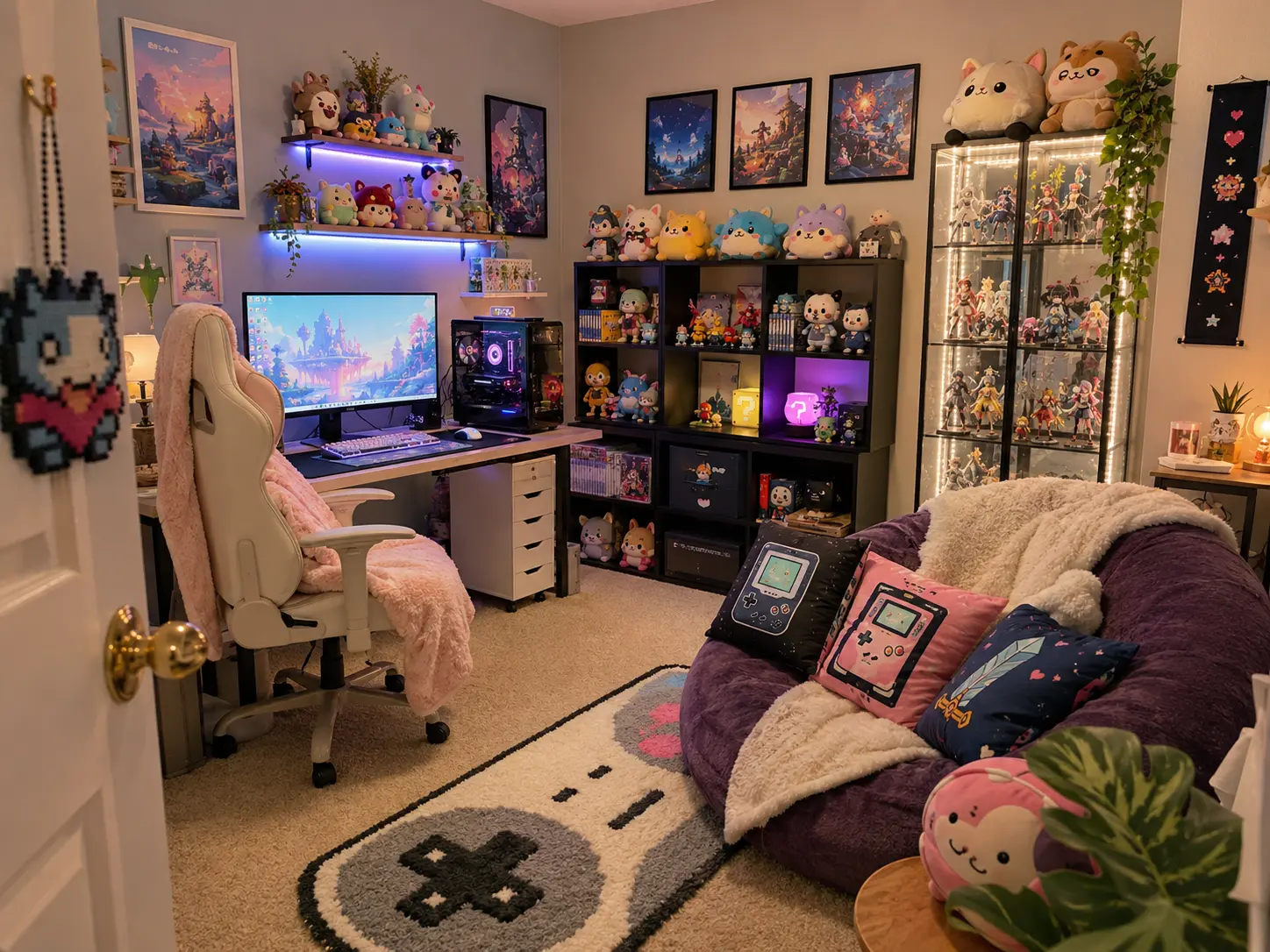 Cozy kawaii gaming room with pastel decor, plush toys, display shelves, a white gaming desk, and soft seating.