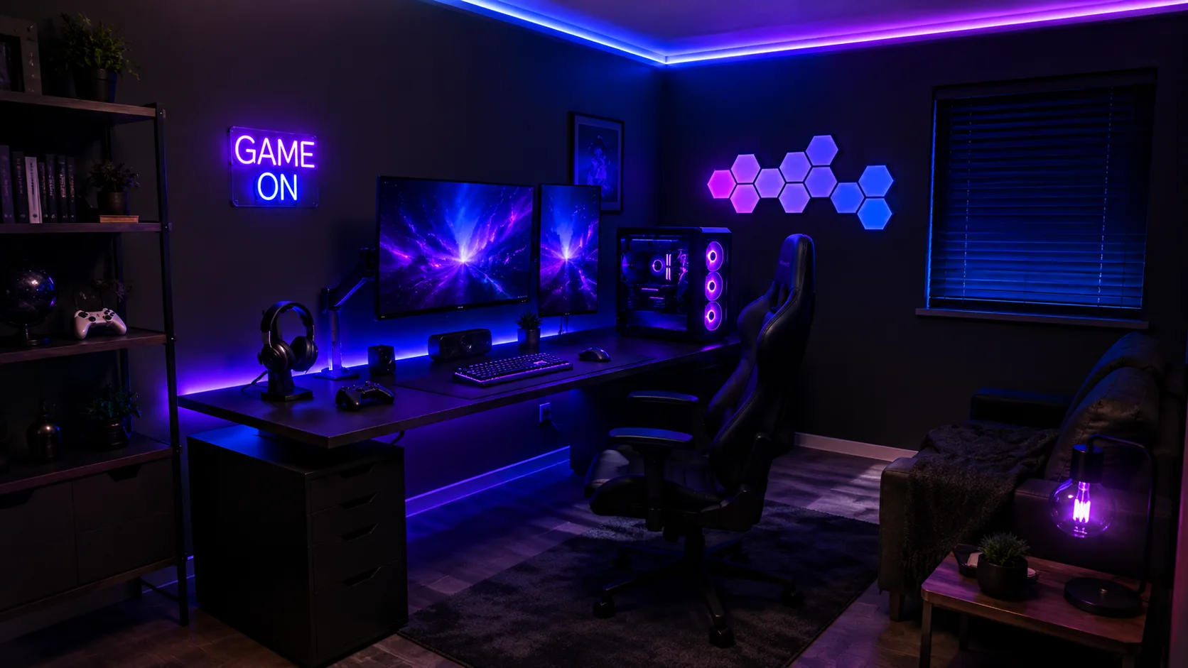 High-tech gaming room with blue and purple RGB lighting, dual monitors, illuminated wall panels, and a gaming chair.