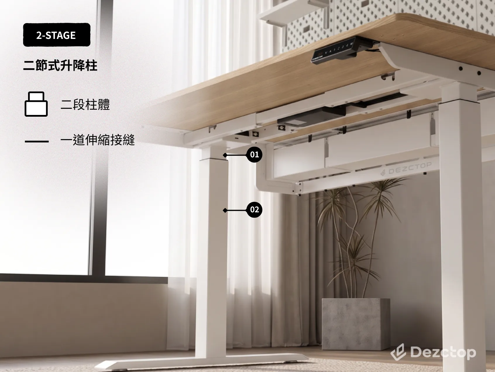 二節式升降桌桌腳結構,標示兩段升降柱與一道伸縮接縫