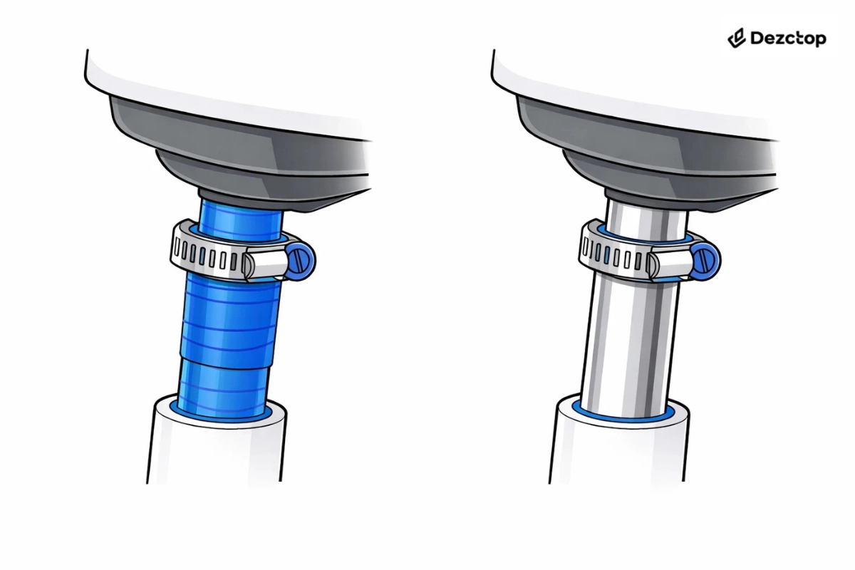 Side-by-side illustration of two office chair gas lift fixes: left shows a metal hose clamp with tape wrapped around the cylinder, and right shows a hose clamp installed directly on the gas lift without tape.