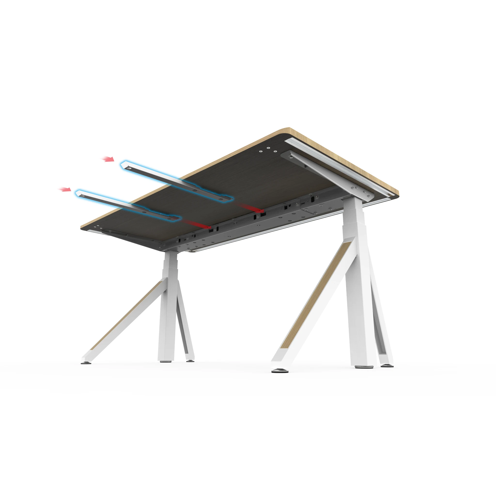 The middle of the Revon desktop features a metal support bar to prevent sagging over time and maintain a visually flat surface.