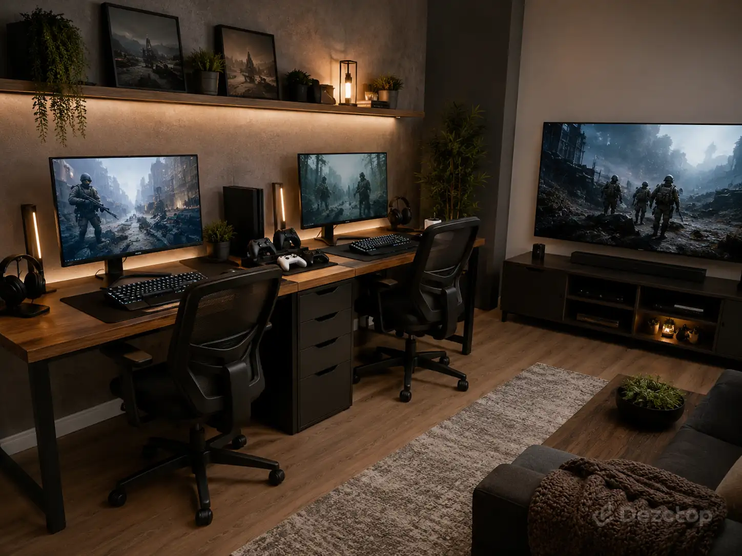 Tactical co-op gaming room with two side-by-side PC stations, shared controller storage, and a separate TV lounge area.