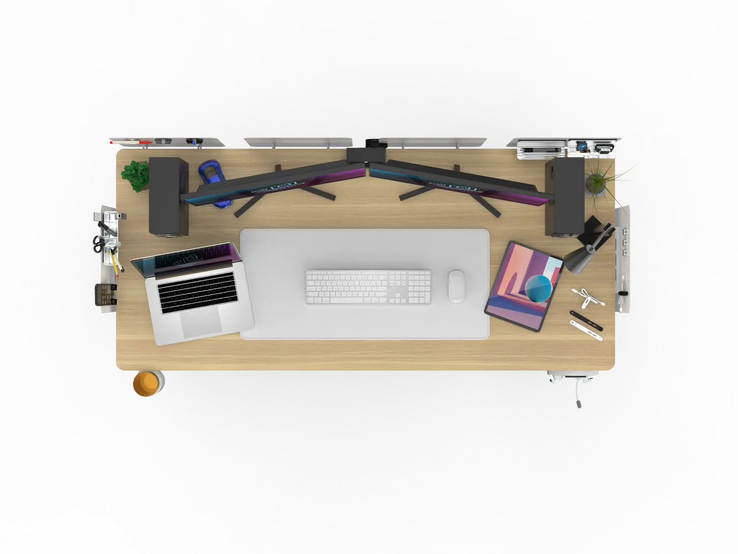 The Revon desk allows flexible placement of screens and magnetic accessories without spatial limitations.