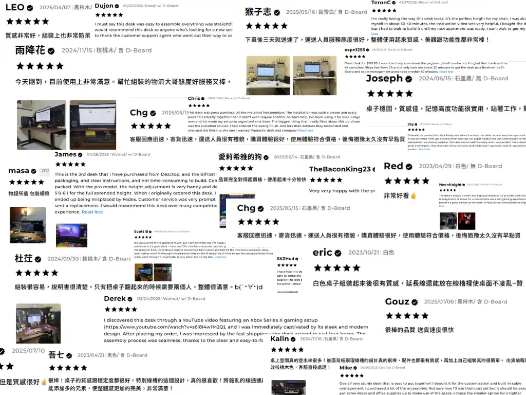 國內與海外多位用戶對 Dezctop 產品的五星好評截圖，包含 升降桌、電腦桌等，評論內容提及產品品質優良、組裝簡單、服務態度佳與整體使用體驗滿意。