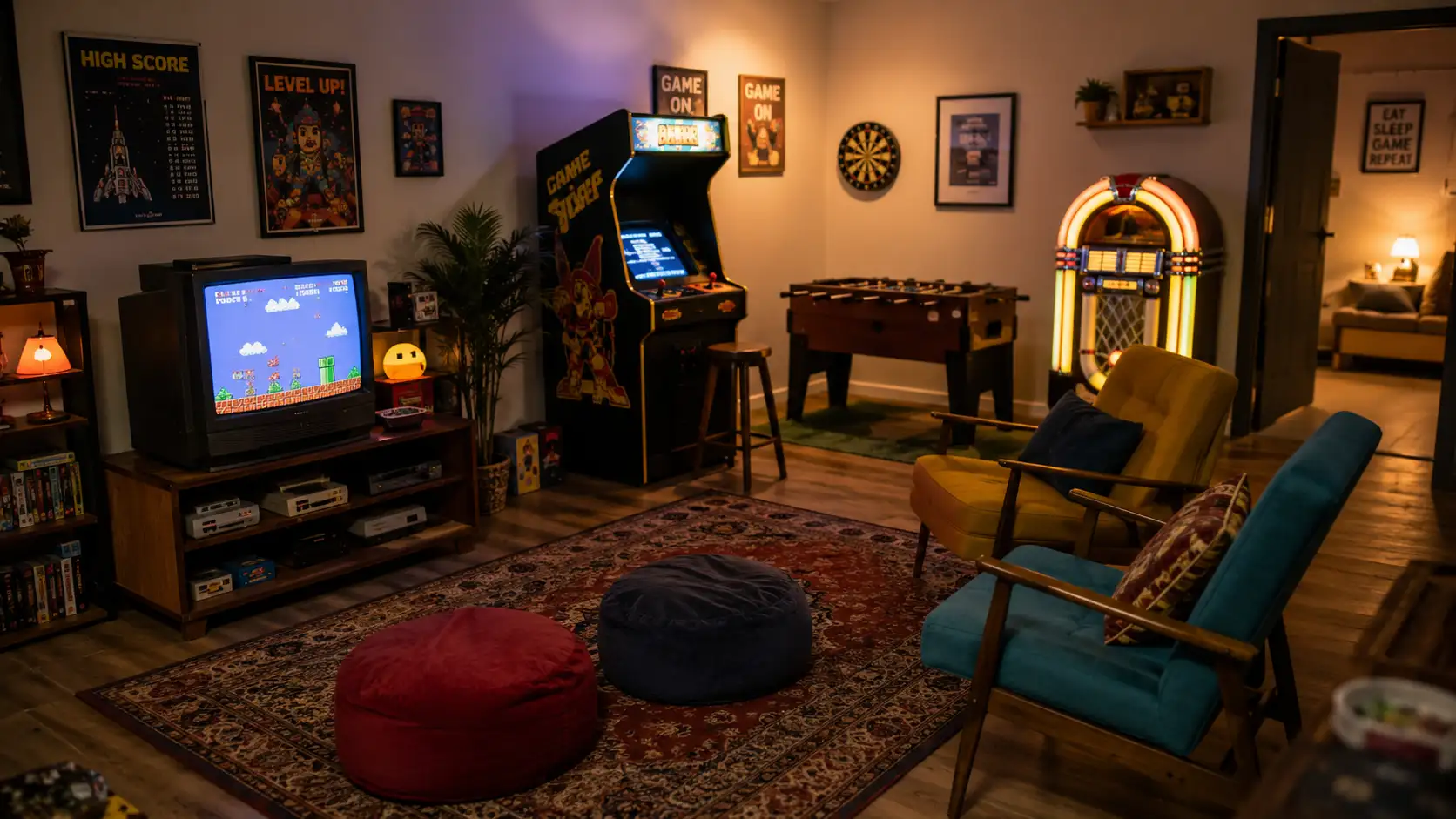 Retro arcade gaming room with a CRT television, arcade cabinet, jukebox, foosball table, and casual seating.
