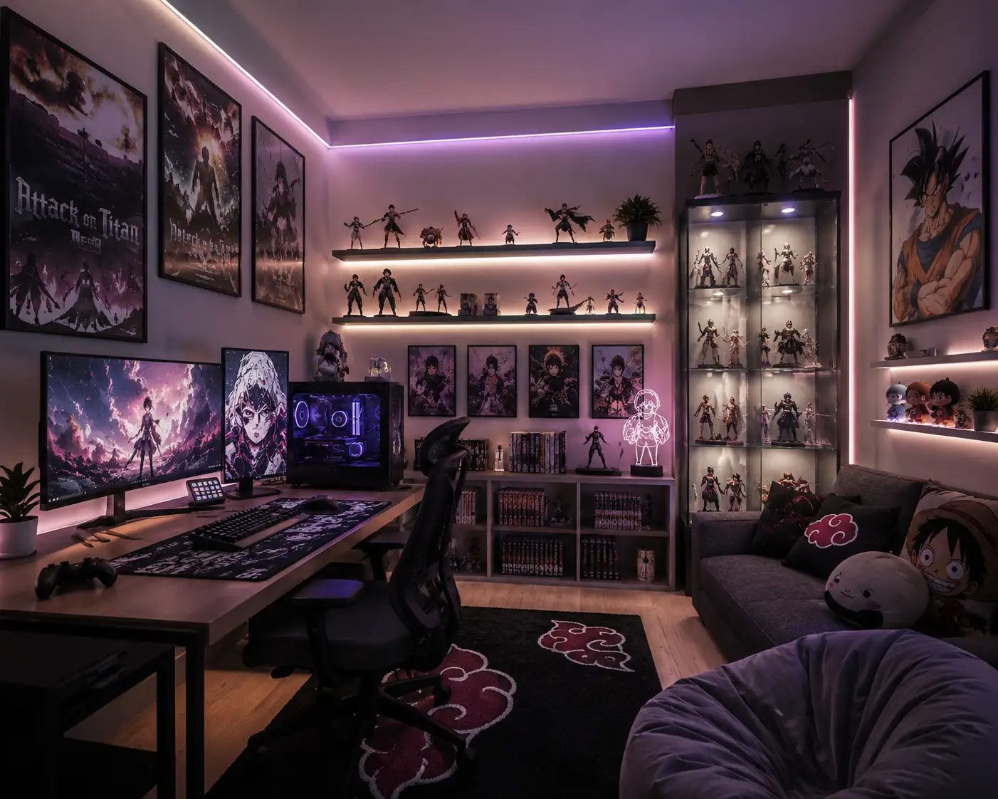 Anime-themed gaming room with dual monitors, illuminated figure displays, framed posters, manga shelves, and lounge seating.