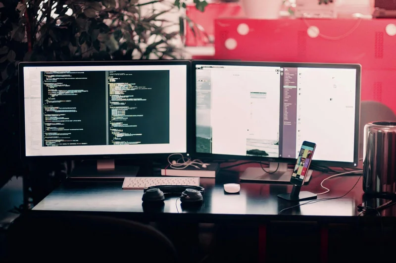Two computer monitors, keyboard, and mouse on a desk - a professional home office setup for efficient work.