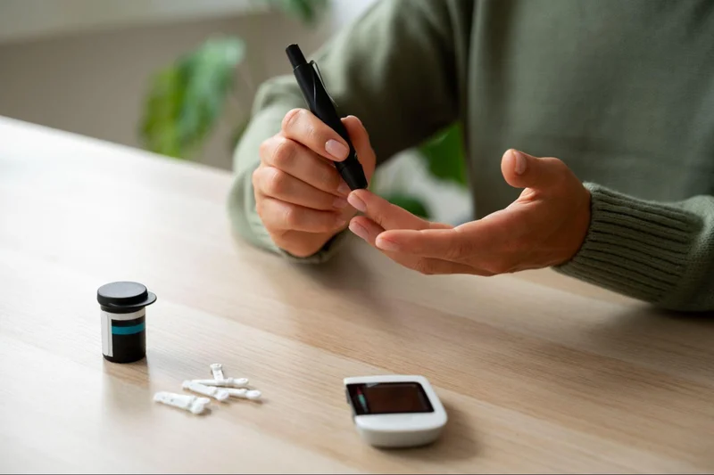 A person with electronic device to check blood sugar levels.