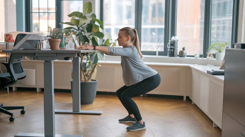 a-girl-doing-squats A woman performs squats while using a desk, demonstrating a blend of fitness and work productivity.