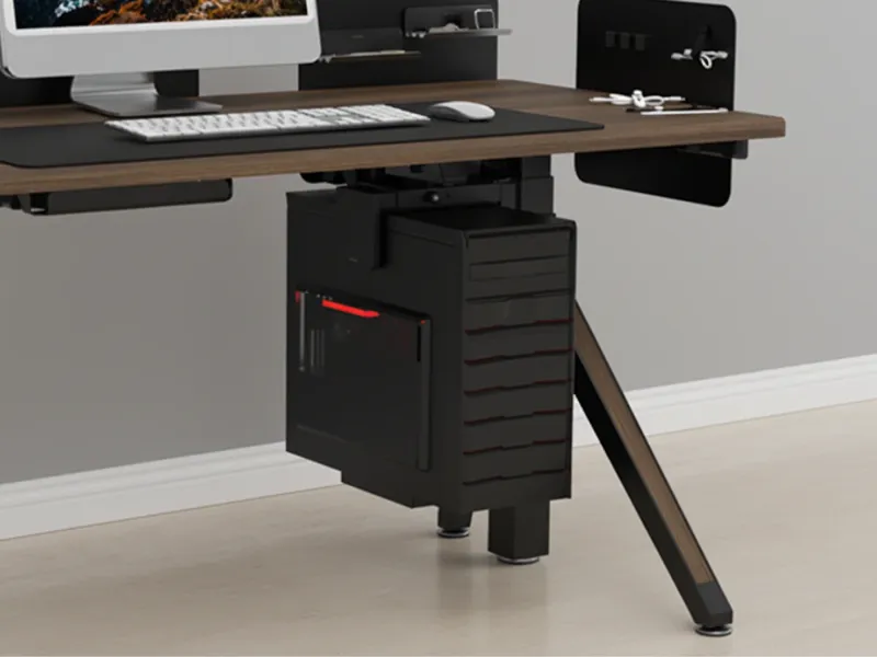 Under-desk mounted PC case attached to a standing desk, showcasing a clean and organized workstation setup.