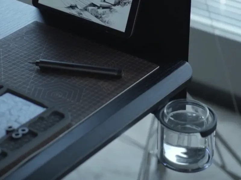 Close-up of the desk’s rounded edge design, showing a tablet, stylus, and accessories on the surface, with a glass cup in the attached cup holder. The smooth beveled edge provides comfortable support for the arms during long hours of use.