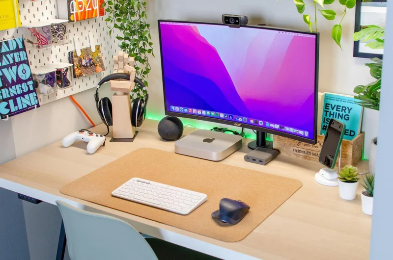 Home office organization with a desk, computer monitor, keyboard, mouse, and a plant for a productive workspace.