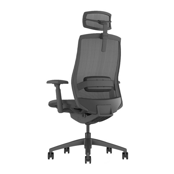 Back view of Sano ergonomic chair at a 45-degree angle, in black color.