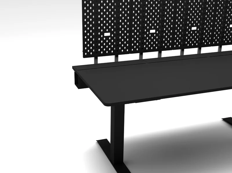 Bifrost standing desks work with clamp-based monitor arms despite the D-Board design.