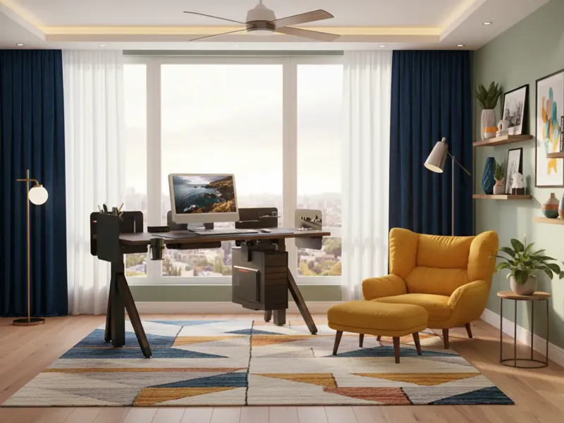 Modern home office setup featuring a standing desk with mounted accessories, positioned in front of large windows with a cozy yellow armchair and decorative shelving.